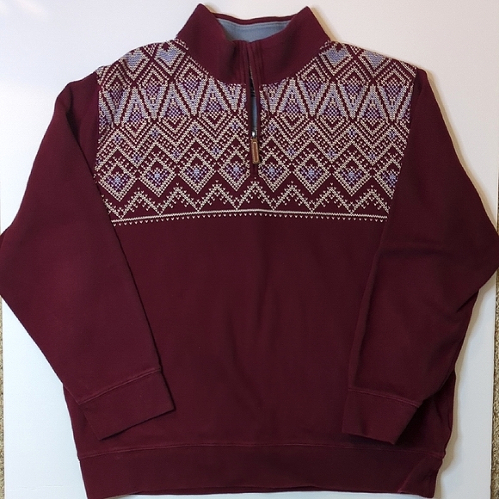 Lands' End Red Quarter Zip Sweatshirt with Printed Pattern - Mens Size XL